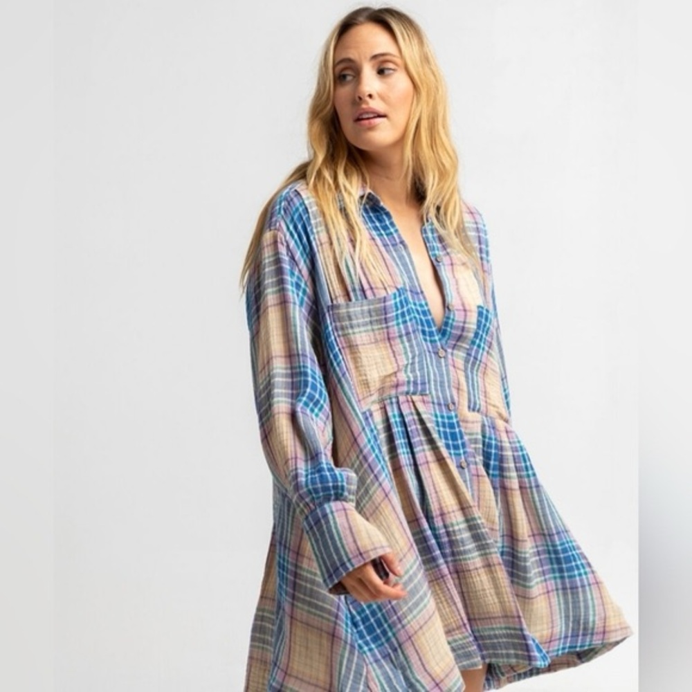 Free People‎ The Voyage Shirtdress Tunic Sunrise Combo Gauzy Plaid Extra Small